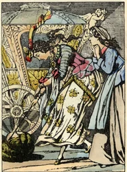 De goede fee verandert de pompoen voor de ogen van Assepoester in een rijtuig. Illustratie bij het sprookje van Charles Perrault 