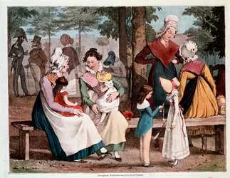 De goede: scène met kinderen en hun kindermeisjes in een park (Gravure)