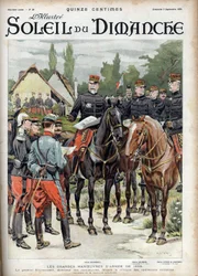 De grote manoeuvres van het leger van 1899. Generaal Giovaninelli, directeur van de manoeuvres, bekritiseert militaire operaties. Gravure in 