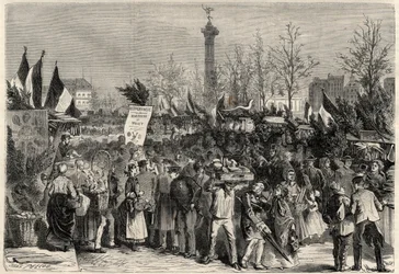 De hammarkt, Boulevard Bourdon in het 4e arrondissement van Parijs nabij Place de la Bastille. Een bord adverteert mulletvlees (Hippophagia). Gravure in 