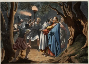 De kus van Judas in de Hof van Olijven. Anonieme gravure uit het midden van de 19e eeuw.