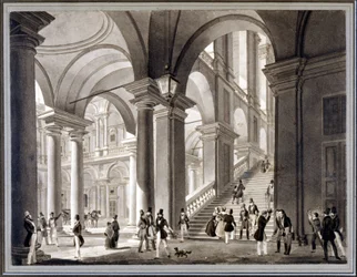 De grote trap van Brera. Aquatint door Giovanni Migliara, rond 1820