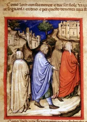 De vlucht van Lot en zijn vrouw die in een zoutbeeld veranderde omdat ze achterom keek. Miniatuur uit codex 212 (of padovano codice of Bijbel van Padua) 1390-1400 Rovigo, Accademia dei Concordi