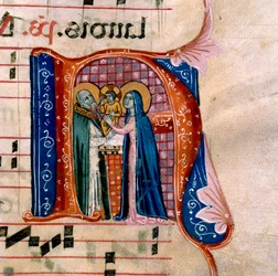 De letter "N" met een afbeelding van de Presentatie in de Tempel: f.36v van het Antifonarium