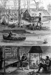 Het leven van trappers (beroepsjagers) in Canada: bovenaan staat een van de trappers bij zijn hut, onderaan werken ze leer en halen ze de vacht van de huid van de bevers. Gravure uit de 19e eeuw