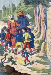 De kleine duim zaait stenen op zijn weg. Illustratie voor "De kleine duim", sprookje door Charles Perrault (1628-1703), Franse schrijver. Anonieme illustratie. Beeld Marcel Vagne, Jarville Nancy, ongedateerd (eind 19e eeuw).