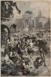 De markt en de fontein van de Onschuldigen, Parijs in de 18e eeuw - gravure van de 19e eeuw
