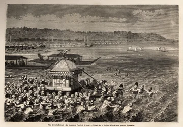 Het matsouri (kermis, processie) van tennoo gots, vindt elk jaar plaats op de 6e dag van de 6e maand, voor de vissers van de stranden van Yedo (of Edo, het huidige Tokio), het is de viering van de verjaardag van hun favoriete godheid: Tengu, de vleugel