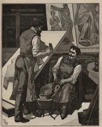 De mozaïek: mozaïekwerkplaats. Gravure uit 1885 in 