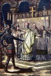 De moord op de heilige Thomas Becket in de kathedraal van Canterbury, 29 december 1170, door ridders van het hof van koning Hendrik II - houtsnede