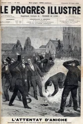 De moordenaar Clement Decoux wordt het slachtoffer van zijn aanslagpoging op Emile Vuillemin (1822-?), directeur van de mijnen van Aniche, die op 4 augustus 1895 zijn vijftigjarig jubileum aan het hoofd van de kolenproductie viert - gravure in „Le Progrès