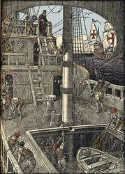 De navigator Christopher Columbus (1451-1506) aan boord van zijn karveel.