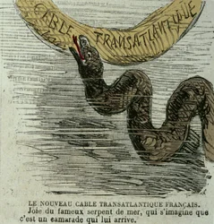 De nieuwe Franse trans-Atlantische kabel - Vreugde van de beroemde zeeslang, die zich voorstelt dat het een kameraad is die naar hem toe komt. Humoristische tekening van de gigantische zeeslang en de trans-Atlantische kabel gelegd in 1858. Tijdperk gravure