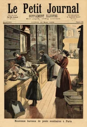 De nieuwe hulppostkantoren in Parijs, sommige onderhandelaars openen een postbalie, parallel aan hun commerciële activiteiten. Gravure in "Le petit journal" 14/05/1894. Selva