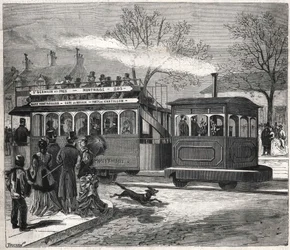 De nieuwe stoomtrams in Parijs in 1876 rijden op de lijn van Saint-Germain-des-Prés bij de poort van Chatillon, gravure Bianchetti collectie.