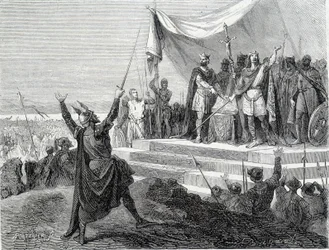 De eed van de twee broers voor hun wapenrusting: Karel II de Kale en Lodewijk II de Duitser zweren de eed tegen Lotharius I (Eden van Straatsburg 842). Gravure van de 19e eeuw.