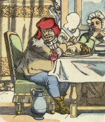 De reus aan tafel voelt de aanwezigheid van Klein Duimpje en zijn broers (illustratie van het sprookje 