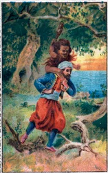 De oude man van de zee. De wonderbaarlijke avonturen van Sinbad de zeeman. Populair verhaal uit 1001 nachten. Chromolithografie uit het einde van de 19e eeuw.