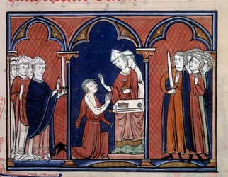 De ordo van de heilige Representatie van het ritueel van zalving van de koning (waarschijnlijk Lodewijk IX (Saint Louis) (1214-1270)). Miniatuur uit 