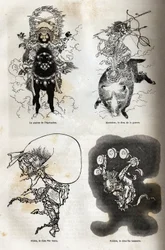 Het pantheon van Japanse godheden: traditionele weergave van enkele typische figuren: de patroon van het paardrijden; Marisiten, de god van de oorlog; Futen, de god van de winden; Raiden, de god van de donder. Gravure ter illustratie van de reis naar Japan
