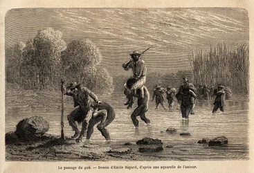De doorgang van de gue, de Siriniris-indianen, stellen spontaan voor om de leden van de expeditie op hun schouders te dragen, om hen over de vijvers te laten oversteken die zich aan de voet van de berg Basiri (Peru) hebben gevormd. Gravure ter illustratie 