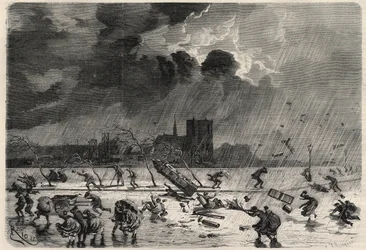 De pier op de hoek van de Saint-Michelbrug in Parijs tijdens de orkaan van 8 maart. Gravure in 