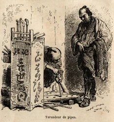 De pijpsnijmachine in zijn werkplaats: om de pijpen te tappen gebruikt hij een eenvoudig bord met gaten van ongelijke grootte, geplaatst in een ijzeren spiraal. Gravure ter illustratie van de reis naar Japan van Aimé Humbert, minister van de Zwitserse