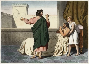 De profeet Jesaja kondigt zijn genezing aan Hizkia aan: het teken zal zijn dat de schaduw van de klok tien graden teruggaat op de wijzerplaat van Achaz. Anonieme gravure uit het midden van de 19e eeuw.