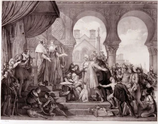 De terugkeer van Christoffel Columbus naar Spanje voor koning Ferdinand II van Aragon en Isabella I van Castilië (de Katholieke) na de ontdekking van Amerika. Gravure uit de 19e eeuw