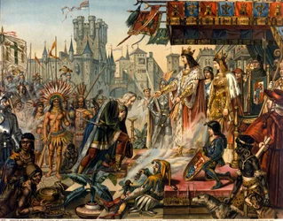 De terugkeer van Christoffel Columbus naar Spanje voor koning Ferdinand II van Aragon en Isabella I van Castilië (de Katholieke genoemd) na de ontdekking van Amerika. Gravure uit de 19e eeuw.