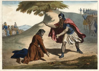De terugkeer van Jacob en zijn ontmoeting met Esau - Jacob keert terug naar Kanaän met zijn vrouwen en kinderen: hij ontmoet zijn broer Esau. Gravure uit de helft van de 19e eeuw