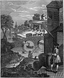 Het belachelijke perspectief Satirische illustratie door William Hogarth (1697-1764) die de kunst van het perspectief van schilders bespot door de vlakke niveaus van objecten en personen voor te stellen die in werkelijkheid onmogelijk zijn vanwege afstande