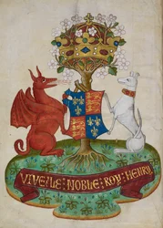 Het koninklijke wapen van Engeland van Hendrik VII ondersteund door een witte windhond en een rode draak