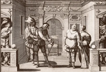 Het koninklijke gezelschap van de Italiaanse Komedie in het theater van het Hotel de Bourgogne, rue Mauconseil in Parijs