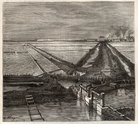 Het zoutmoeras van Giraud in de Camargue (Bouches-du-Rhône), gezien vanaf het dienstkanaal - gravure in 