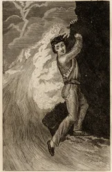 Het schipbreuk van Robinson Crusoe, gravure ingevoegd in 