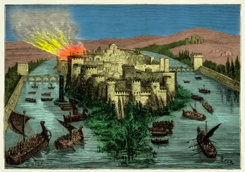 Het beleg van Parijs in 845 door de Vikingen onder leiding van Ragnar Lodbrok, gravure, 19e eeuw