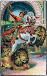 De bron van de leeuwen. Verhaal van Prins Ahmed en de fee Paris-Banou (Pari Banou) (Paribanu). Verhaal van 1001 nachten (verhalen van de duizend en één nachten). Chromolithografie van de late 19e eeuw