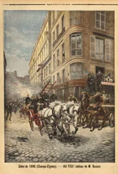 De stoompomp en voertuigen van de brandweer in Parijs, naar een schilderij van de heer Busson. Gravure in "Le petit journal" 3/05/1896. Selva