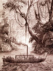 De stoomboot van John Fitch, Amerikaanse uitvinder, op de Delaware River rond 1791