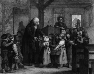 De leerlingen van een klas komen samen om bloemen te geven aan hun schoolmeester op zijn verjaardag. Gravure uit de 19e eeuw