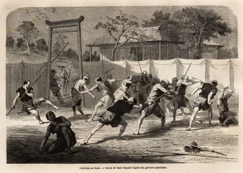 De training van Japanse krijgers in zwaard- en speergevechten, in een soort arena omgeven door gespannen canvas. Gravure ter illustratie van de reis naar Japan, in 1863-1864, door Aimé Humbert, minister van de Zwitserse Confederatie, in 