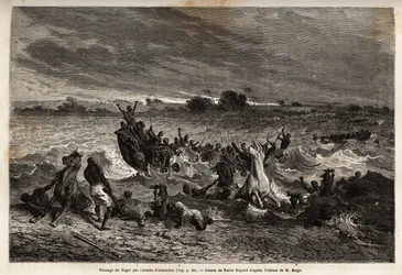 Het transport van het leger van koning Ahmadou op de Niger rivier tijdens het regenseizoen veroorzaakte talrijke schipbreuken en veel verlies van paarden. Gravure ter illustratie van de reis naar West-Soedan van luitenant (marine) M.Mage, in 1863-1866, gep