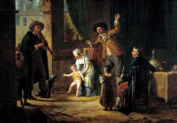 De reizende muzikant. Een violist speelt muziek aan de deur van een familiehuis. Anoniem schilderij. 1819 Parijs, Decoratieve Kunsten