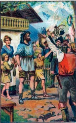Het eerbetoon van de confederatie aan Guillaume Tell (Wilhelm Tell) (legendarische held van de Zwitserse onafhankelijkheid). Chromolithografie uit het einde van de 19e eeuw.