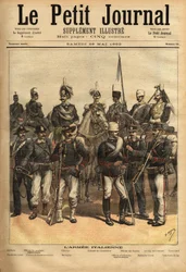 De uniformen van het Italiaanse leger, een paard van links naar rechts: de artillerie, de cavalerieofficier, de generaal, de kolonel van de carabinieri, de officier van de gidsen, het 10e regiment van speren, de honderdste. Staand van links naar rechts: de