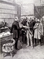 Het bezoek van de arbeidersafgevaardigden aan het Palais Bourbon (Jules Guesde, Mr Ferroul, Mr Baudin en Mr Thivrier) aan de secretaris-generaal van het voorzitterschap: Mr Martin, tijdens de demonstratie op 1 mei