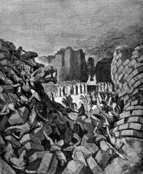 De muren van Jericho stortten in bij het geluid van de trompetten van Hosea, waardoor de Hebreeën ze konden innemen. Boek Jozua. Gravure uit de 19e eeuw.