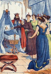 De boze fee voorspelt dat de prinses haar hand zal doorboren. Illustratie voor 