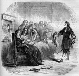 De schrijver Georges de Scudery (1598-1667) tijdens een literaire salon georganiseerd door zijn zus, Madeleine de Scudery, in 1650. Gravure uit 1860-1861